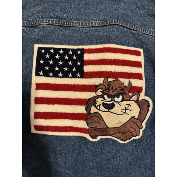 American Flag Jacket Denim TAZ Looney Tunes Mens MEDIUM Leather Warner Bros VTG - Picture 2 of 8